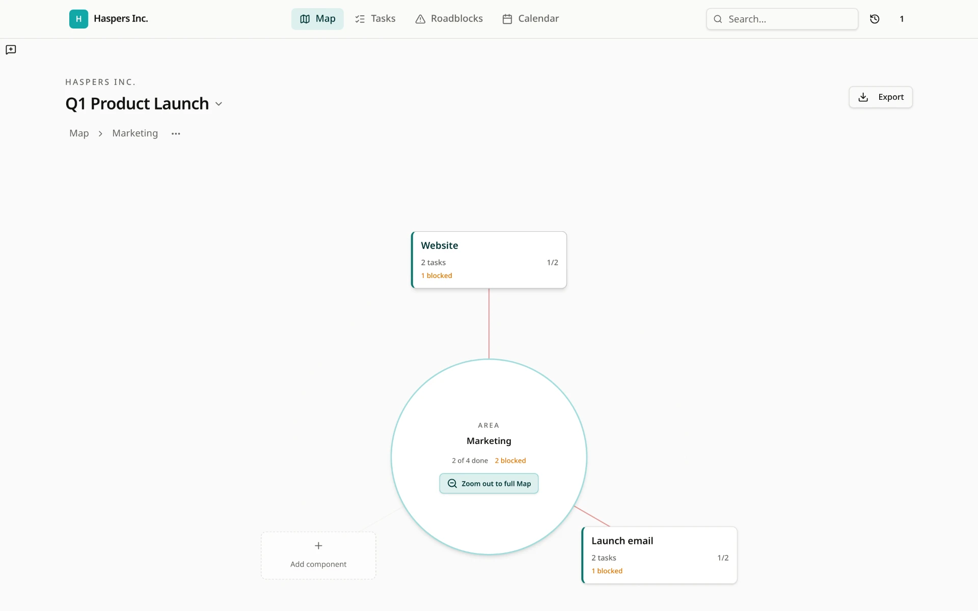 InFocus Q1 Product Launch Map showing the Marketing area connected to Website and Launch email, with task progress and blocked work.