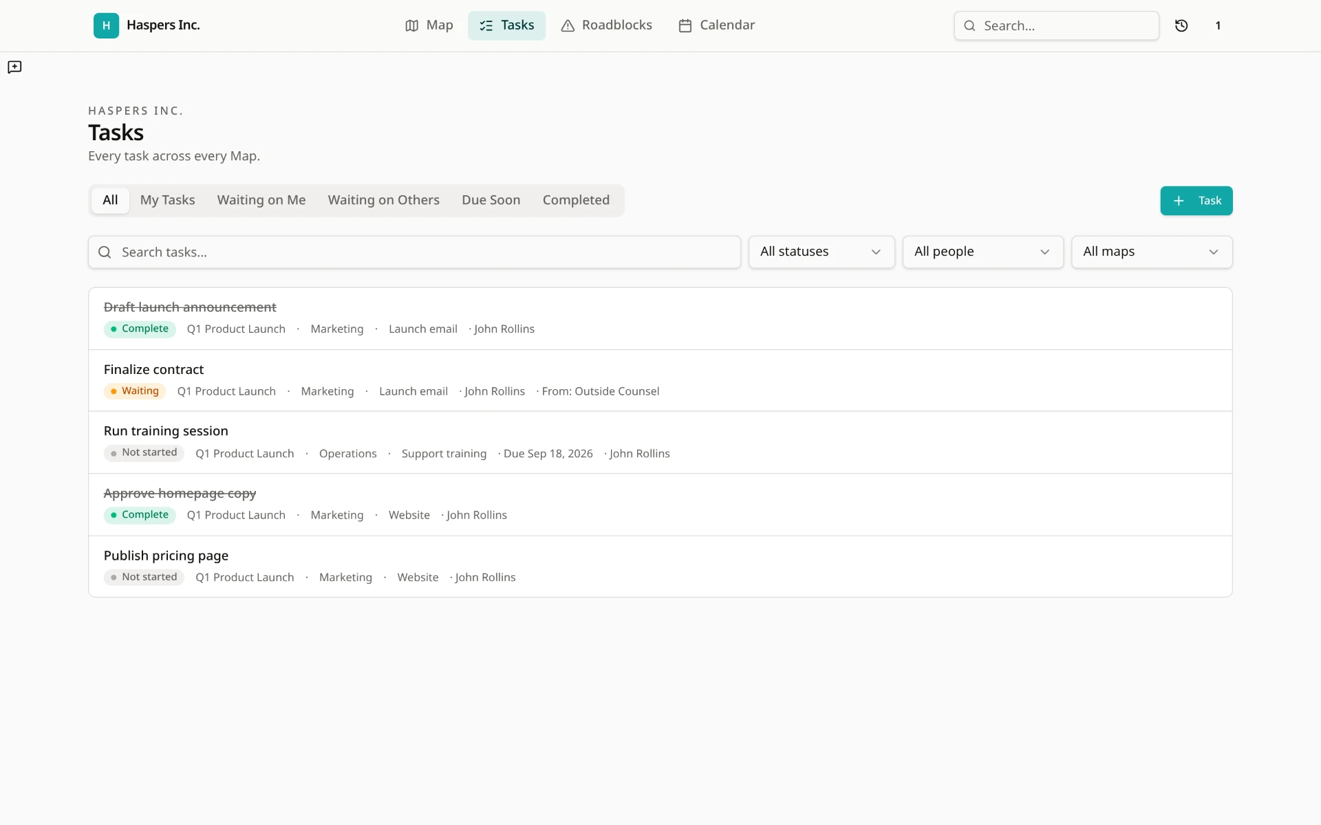 Tasks view with personal filters, task status, owners, and due dates